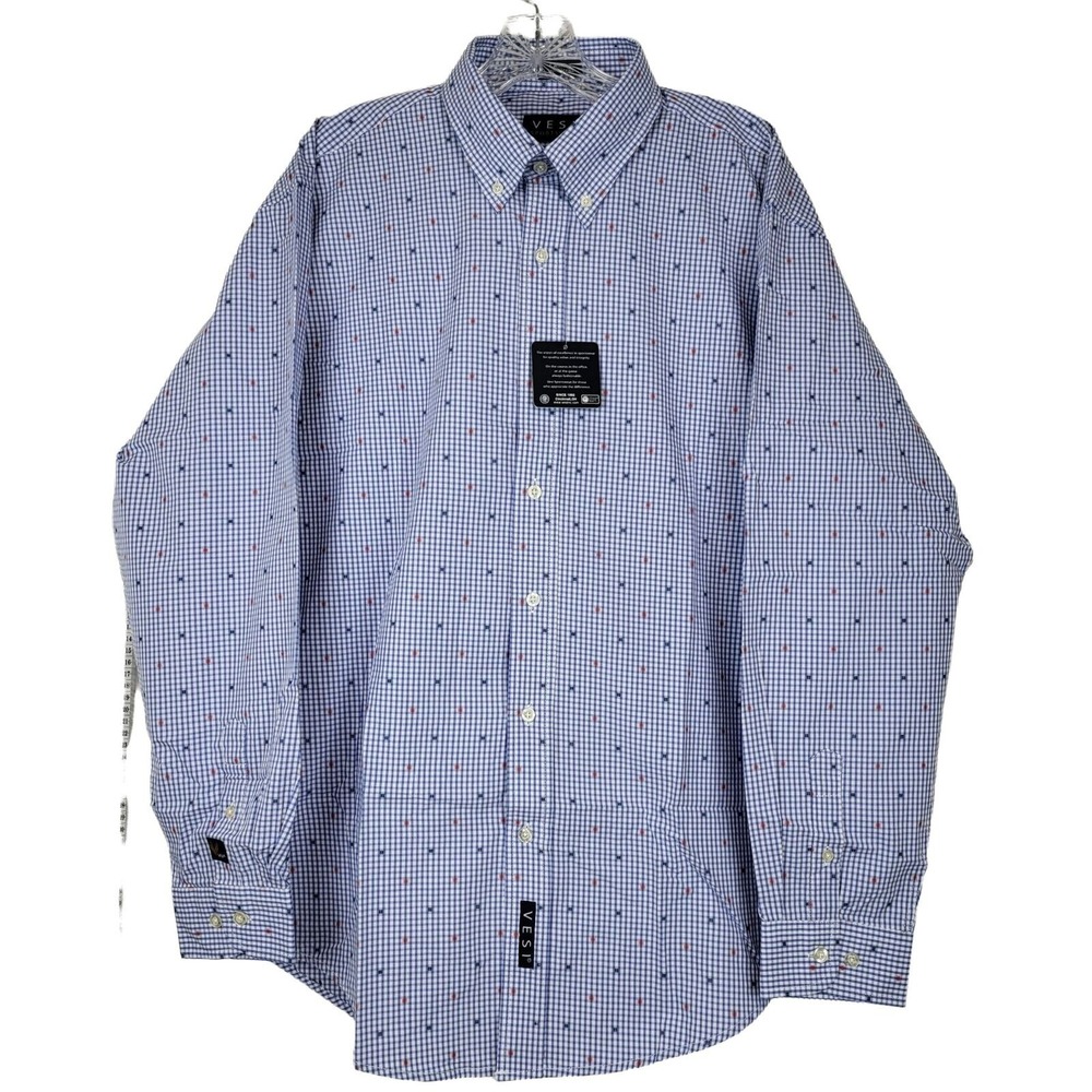 Vesi Sportswear Gingham Plaid Button Down Shirt Men L Long Sleeve Blue NWT